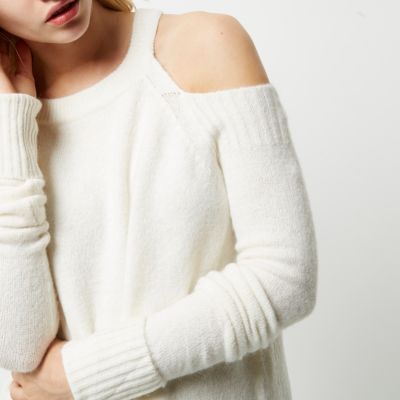 Cream knit cold shoulder jumper